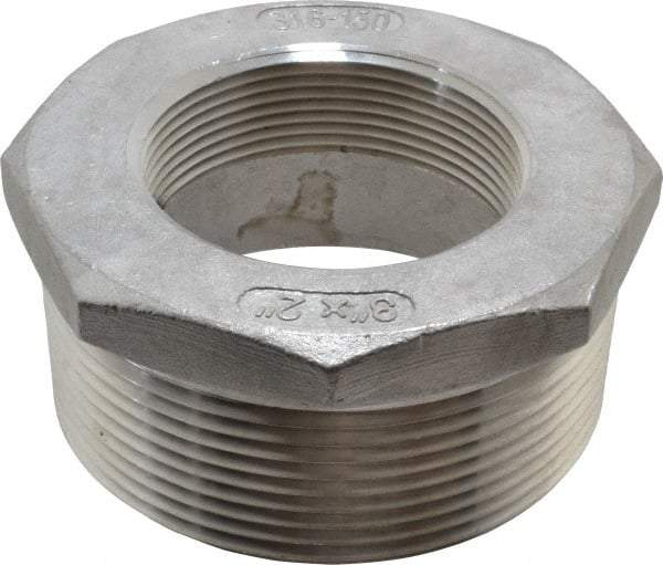 Merit Brass - 3 x 2" Grade 316 Stainless Steel Pipe Hex Bushing - MNPT x FNPT End Connections, 150 psi - Exact Tool & Supply