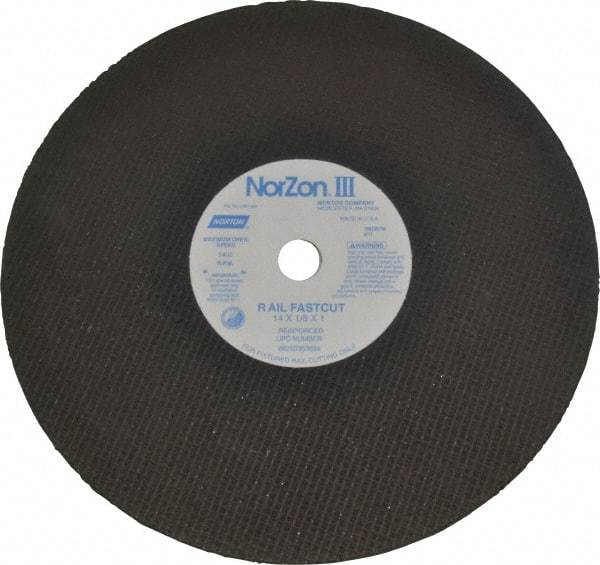 Norton - 14" 24 Grit Zirconia Alumina Cutoff Wheel - 1/8" Thick, 1" Arbor, 5,400 Max RPM, Use with Electric & Gas Powered Saws - Exact Tool & Supply