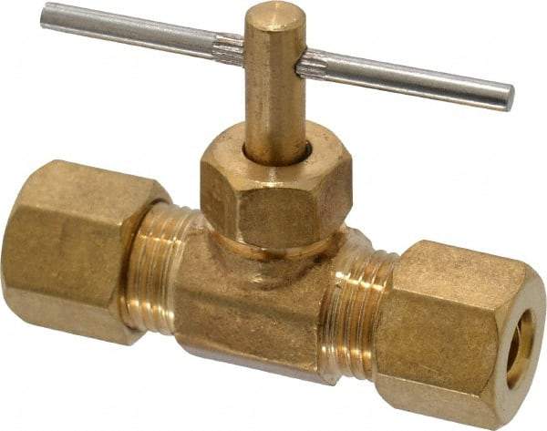 Cerro - 1/4" Pipe, Inline Needle Valve - Compression x Compression Ends, Brass Valve, 150 Max psi - Exact Tool & Supply