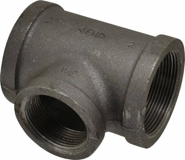 Made in USA - Size 2 x 2 x 1-1/2", Class 150, Malleable Iron Black Pipe Reducing Tee - 150 psi, Threaded End Connection - Exact Tool & Supply