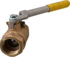 Apollo - 1-1/2" Pipe, Bronze Standard Ball Valve - 2 Piece, Inline - One Way Flow, FNPT x FNPT Ends, Deadman Lever (Spring Return to Close) Handle, 600 WOG, 150 WSP - Exact Tool & Supply