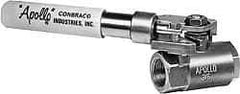 Apollo - 1-1/2" Pipe, Carbon Steel Standard Ball Valve - 2 Piece, Inline - One Way Flow, FNPT x FNPT Ends, Deadman Lever (Spring Return to Close) Handle, 1,500 WOG, 150 WSP - Exact Tool & Supply