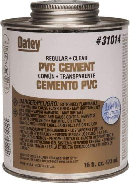 Oatey - 16 oz Regular Bodied Cement - Clear, Use with Schedule 40 PVC up to 4" Diam & Schedule 80 PVC up to 2" Diam - Exact Tool & Supply