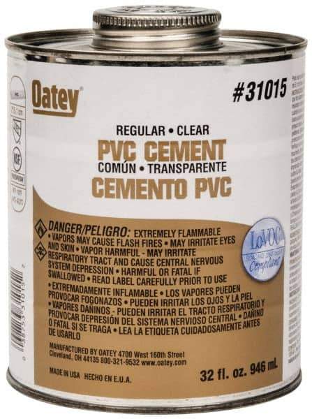 Oatey - 32 oz Regular Bodied Cement - Clear, Use with Schedule 40 PVC up to 4" Diam & Schedule 80 PVC up to 2" Diam - Exact Tool & Supply