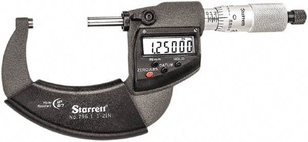 Starrett - 1 to 2" Range, Standard Throat IP67 Electronic Outside Micrometer - Ratchet Stop Thimble, Carbide Face, CR2032 Battery - Exact Tool & Supply