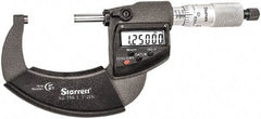 Starrett - 1 to 2" Range, Standard Throat IP67 Electronic Outside Micrometer - Ratchet Stop Thimble, Carbide Face, CR2032 Battery - Exact Tool & Supply