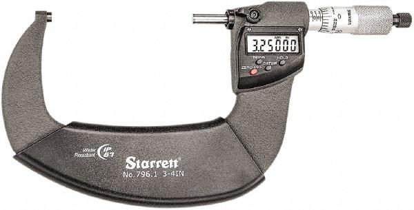 Starrett - Standard Throat IP67 Electronic Outside Micrometer - Ratchet Stop Thimble, Carbide Face, CR2032 Battery - Exact Tool & Supply