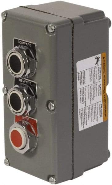 Schneider Electric - 3 Operator, Projecting Pushbutton Control Station - Forward, Reverse, Stop (Legend), Momentary Switch, 3NO/3NC Contact, NEMA 13, 3, 4 - Exact Tool & Supply