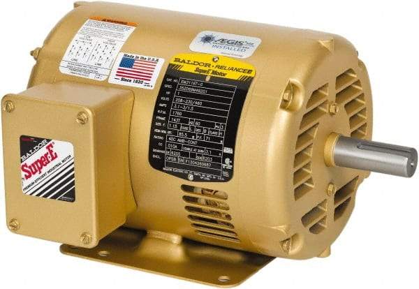 Baldor - 7-1/2 hp, ODP Enclosure, No Thermal Protection, 3,600 RPM, 208-230/460 Volt, 60 Hz, Three Phase Motor - Size 184T Frame, Foot Mount, 1 Speed, Ball Bearings, 8.6 Full Load Amps, F Class Insulation, Reversible - Exact Tool & Supply