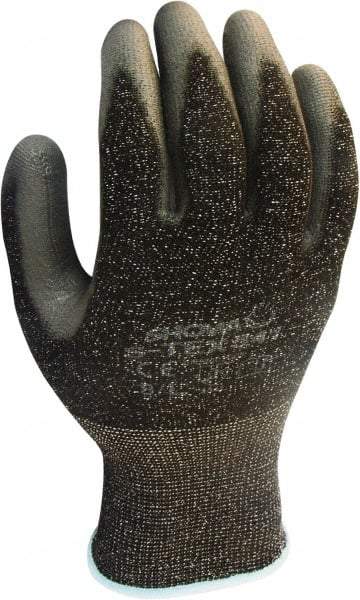 SHOWA - Size L (8), ANSI Cut Lvl 4, Puncture Lvl 3, Abrasion Lvl 6, Polyurethane Coated HPPE Fiber/Stainless Steel Cut Resistant Gloves - 10" Long, Palm & Fingertips Coated, High Strength Fiber/Stainless Steel Lining, Knit Wrist, Gray/Black, Paired - Exact Tool & Supply