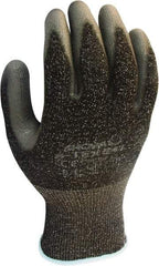 SHOWA - Size L (8), ANSI Cut Lvl 4, Puncture Lvl 3, Abrasion Lvl 6, Polyurethane Coated HPPE Fiber/Stainless Steel Cut Resistant Gloves - 10" Long, Palm & Fingertips Coated, High Strength Fiber/Stainless Steel Lining, Knit Wrist, Gray/Black, Paired - Exact Tool & Supply