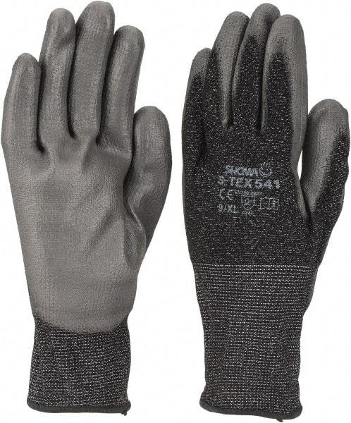 SHOWA - Size XL (9), ANSI Cut Lvl 4, Puncture Lvl 3, Abrasion Lvl 6, Polyurethane Coated HPPE Fiber/Stainless Steel Cut Resistant Gloves - 11" Long, Palm & Fingertips Coated, High Strength Fiber/Stainless Steel Lining, Knit Wrist, Gray/Black, Paired - Exact Tool & Supply