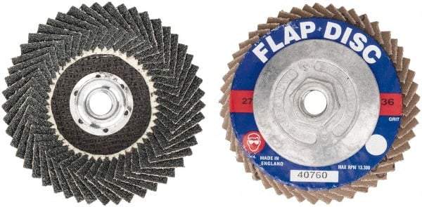 Garryson - 36 Grit, 4-1/2" Disc Diam, 5/8-11 Center Hole, Zirconia Alumina Flap Disc - 13,300 Max RPM, Fiberglass Backing, Arbor Attaching System, Coated - Exact Tool & Supply
