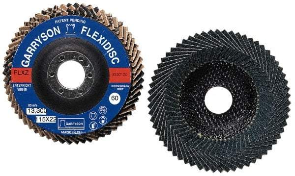 Garryson - 60 Grit, 7" Disc Diam, 7/8" Center Hole, Zirconia Alumina Flap Disc - 8,600 Max RPM, Fiberglass Backing, Arbor Attaching System, Coated - Exact Tool & Supply