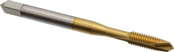 OSG - #10-32 UNF, 2 Flute, TiN Finish, High Speed Steel Spiral Point Tap - Plug Chamfer, Right Hand Thread, 2-3/8" OAL, 7/8" Thread Length, 0.194" Shank Diam, 2B Class of Fit, Series 105 - Exact Tool & Supply