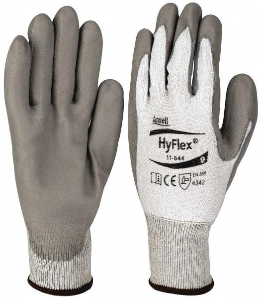 Ansell - Size L (9), ANSI Cut Lvl 2, Puncture Lvl 4, Abrasion Lvl 4, Polyurethane Coated HPPE Fiber Cut Resistant Gloves - 9" Long, Palm Coated, Knit Wrist, Gray/White, Paired - Exact Tool & Supply