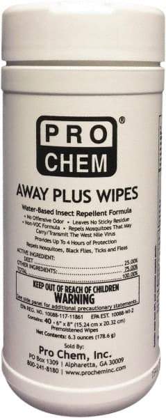 Pro Chem - 40 Count 25% DEET Towelette - For Mosquitos, Chiggers, Gnats, Stable Flies, Fleas, Ticks, Black Flies, Sand Flies - Exact Tool & Supply