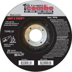 Sait - 5" Wheel Diam, 7/8" Arbor Hole, Type 27 Depressed Center Wheel - Extra Coarse Grade, Zirconia Alumina, S Hardness, 12,200 Max RPM - Exact Tool & Supply