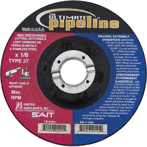 Sait - 5" Wheel Diam, 1/8" Wheel Thickness, 7/8" Arbor Hole, Type 27 Depressed Center Wheel - Extra Coarse Grade, Zirconia Alumina, T Hardness, 12,200 Max RPM - Exact Tool & Supply