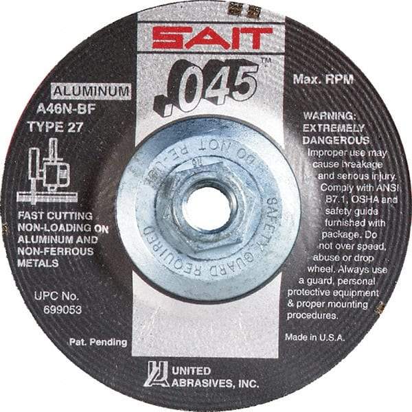 Sait - 46 Grit, 4-1/2" Wheel Diam, Type 27 Depressed Center Wheel - Extra Coarse Grade, Aluminum Oxide, N Hardness, 13,300 Max RPM - Exact Tool & Supply