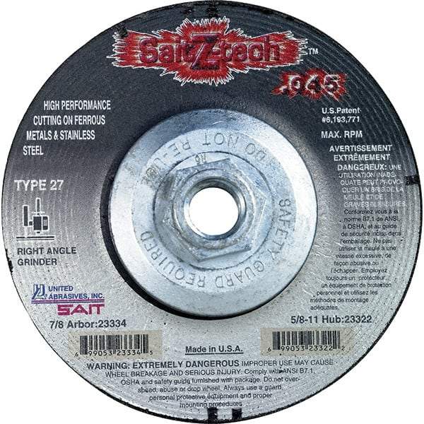 Sait - 5" Wheel Diam, Type 27 Depressed Center Wheel - Extra Coarse Grade, Zirconia Alumina, S Hardness, 12,200 Max RPM - Exact Tool & Supply