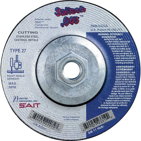 Sait - 5" Wheel Diam, Type 27 Depressed Center Wheel - Extra Coarse Grade, Ceramic, S Hardness, 12,200 Max RPM - Exact Tool & Supply