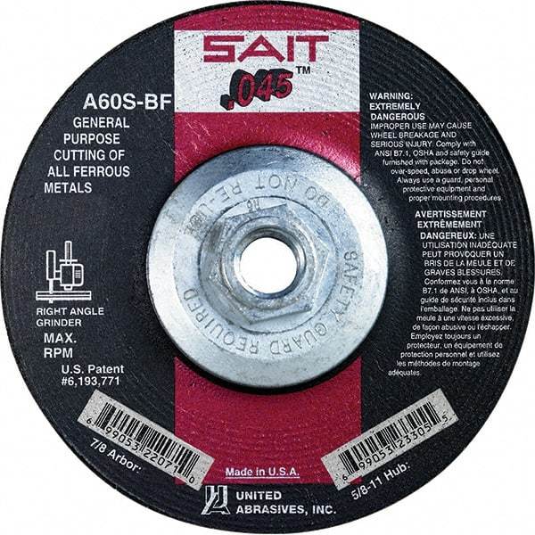 Sait - 60 Grit, 5" Wheel Diam, Type 27 Depressed Center Wheel - Extra Coarse Grade, Aluminum Oxide, S Hardness, 12,200 Max RPM - Exact Tool & Supply