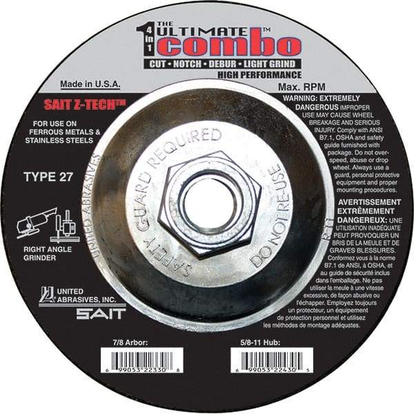Sait - 4-1/2" Wheel Diam, Type 27 Depressed Center Wheel - Extra Coarse Grade, Zirconia Alumina, S Hardness, 13,300 Max RPM - Exact Tool & Supply