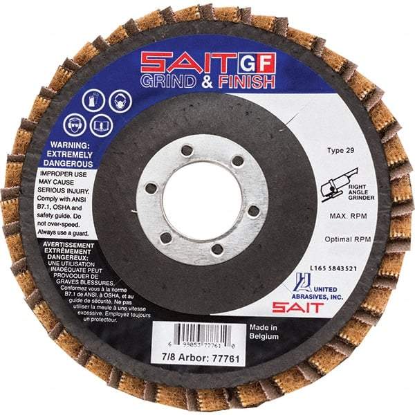 Sait - 40 Grit, 4-1/2" Disc Diam, 7/8" Center Hole, Type 29 Ceramic Flap Disc - 13,300 Max RPM, Fiberglass Backing, Arbor Attaching System, Coated & Non-Woven Combo - Exact Tool & Supply