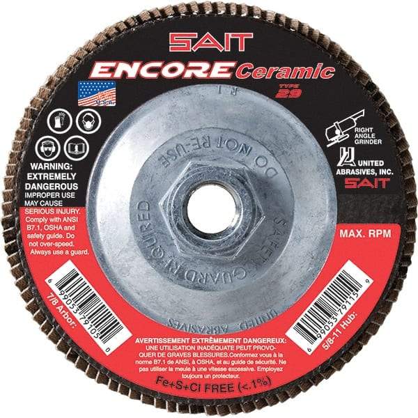 Sait - 60 Grit, 5" Disc Diam, 5/8-11 Center Hole, Type 27 Ceramic Flap Disc - 12,200 Max RPM, Fiberglass Backing, Arbor Attaching System, Coated - Exact Tool & Supply