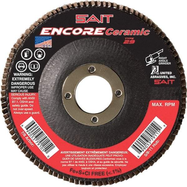 Sait - 60 Grit, 4-1/2" Disc Diam, 7/8" Center Hole, Type 27 Ceramic Flap Disc - 13,300 Max RPM, Fiberglass Backing, Arbor Attaching System, Coated - Exact Tool & Supply