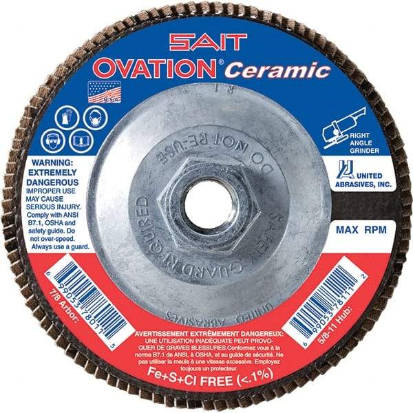 Sait - 40 Grit, 5" Disc Diam, 5/8-11 Center Hole, Type 27 Ceramic Flap Disc - 12,200 Max RPM, Fiberglass Backing, Arbor Attaching System, Coated - Exact Tool & Supply