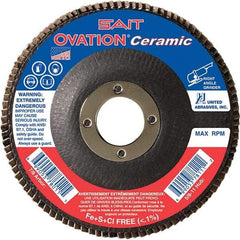 Sait - 60 Grit, 4-1/2" Disc Diam, 7/8" Center Hole, Type 27 Ceramic Flap Disc - 13,300 Max RPM, Fiberglass Backing, Arbor Attaching System, Coated - Exact Tool & Supply