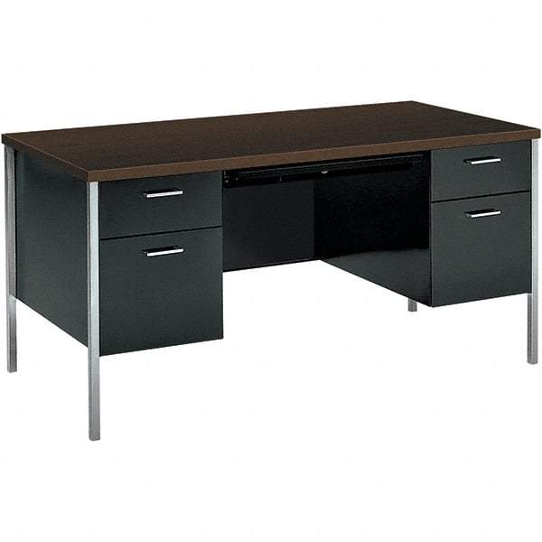 Hon - Woodgrain Laminate Double Pedestal Desk with Center Drawer - 60" Wide x 30" Deep x 29-1/2" High, Mocha/Black - Exact Tool & Supply