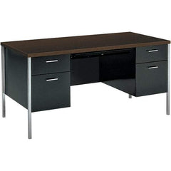 Hon - Woodgrain Laminate Double Pedestal Desk with Center Drawer - 60" Wide x 30" Deep x 29-1/2" High, Mocha/Black - Exact Tool & Supply