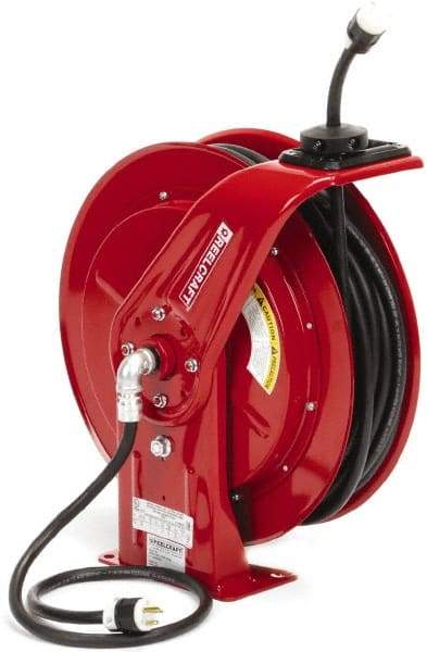 Reelcraft - 12 AWG, 100' Cable Length, Cord & Cable Reel with Outlet End - 1 Outlet, NEMA 5-20R, 20 Amps, 125 Volts, SEOOW Cable, Red Reel, Spring Driven Reel - Exact Tool & Supply