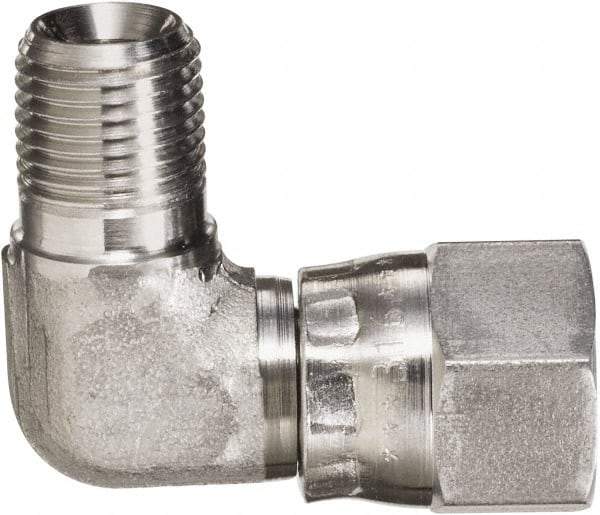 Made in USA - 5/8" Tube OD, 37° Stainless Steel Flared Tube Male Elbow - 7/8-14 NPT, Female Flare x MNPT Ends - Exact Tool & Supply