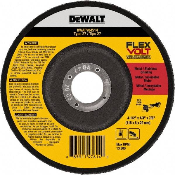 DeWALT - 4-1/2" Wheel Diam, 1/4" Wheel Thickness, 7/8" Arbor Hole, Type 27 Depressed Center Wheel - Fine/Coarse Grade, Ceramic, 13,300 Max RPM - Exact Tool & Supply