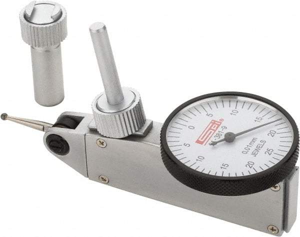 SPI - 0.5mm Range, 0.01mm Dial Graduation, Horizontal Dial Test Indicator - 32mm White Dial, 0-25-0 Dial Reading, Accurate to 0.013mm - Exact Tool & Supply