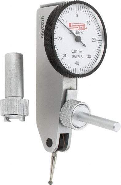 SPI - 0.8mm Range, 0.01mm Dial Graduation, Horizontal Dial Test Indicator - 32mm White Dial, 0-40-0 Dial Reading, Accurate to 0.013mm - Exact Tool & Supply