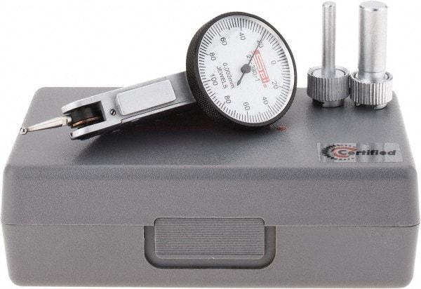 SPI - 0.2mm Range, 0.002mm Dial Graduation, Horizontal Dial Test Indicator - 32mm White Dial, 0-100-0 Dial Reading, Accurate to 0.004mm - Exact Tool & Supply