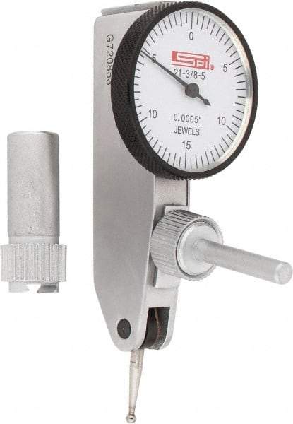 SPI - 0.03" Range, 0.0005" Dial Graduation, Horizontal Dial Test Indicator - 1-1/4" White Dial, 0-15-0 Dial Reading, Accurate to 0.0005" - Exact Tool & Supply