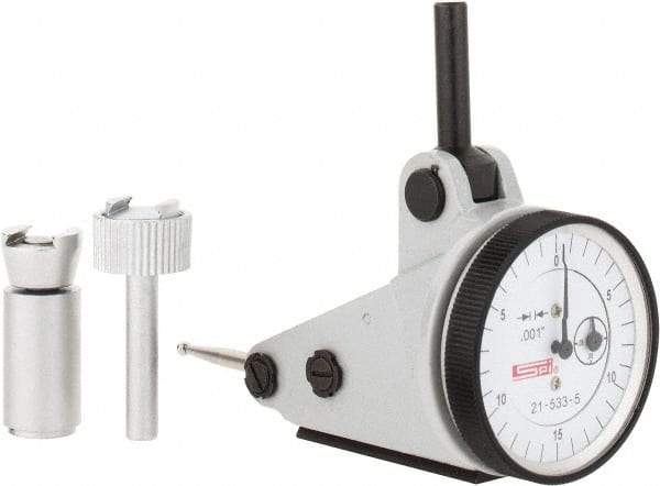 SPI - 0.06" Range, 0.001" Dial Graduation, Vertical Dial Test Indicator - 1-3/16" White Dial, 0-15-0 Dial Reading, Accurate to 0.0012" - Exact Tool & Supply