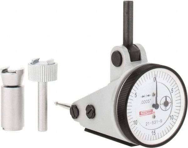 SPI - 0.06" Range, 0.0005" Dial Graduation, Vertical Dial Test Indicator - 1-3/16" White Dial, 0-15-0 Dial Reading, Accurate to 0.0012" - Exact Tool & Supply