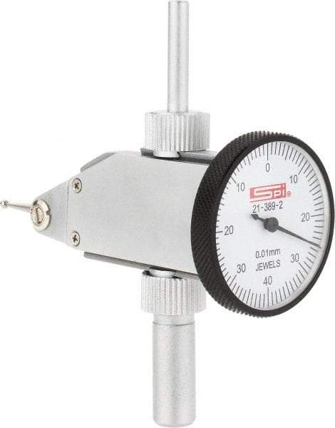 SPI - 0.8mm Range, 0.01mm Dial Graduation, Vertical Dial Test Indicator - 32mm White Dial, 0-40-0 Dial Reading, Accurate to 0.013mm - Exact Tool & Supply