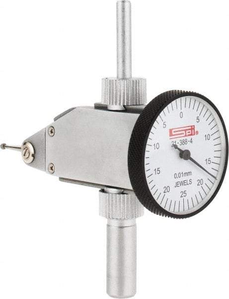 SPI - 0.5mm Range, 0.01mm Dial Graduation, Vertical Dial Test Indicator - 32mm White Dial, 0-25-0 Dial Reading, Accurate to 0.013mm - Exact Tool & Supply