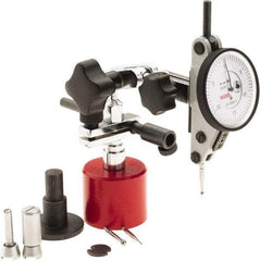 SPI - 9 Piece, 0" to 0.06" Measuring Range, 1-1/2" Dial Diam, 0-15-0 Dial Reading, White Dial Test Indicator Kit - 0.0012" Accuracy, 0.86" Contact Point Length, 0.079" Ball Diam, 0.0005" Dial Graduation - Exact Tool & Supply