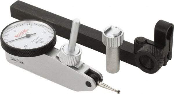 SPI - 8 Piece, 0" to 0.03" Measuring Range, 1-1/4" Dial Diam, 0-15-0 Dial Reading, White Dial Test Indicator Kit - 0.0005" Accuracy, 0.64" Contact Point Length, 0.079" Ball Diam, 0.0005" Dial Graduation - Exact Tool & Supply