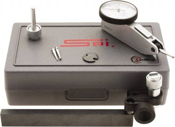 SPI - 8 Piece, 0" to 0.008" Measuring Range, 1-1/4" Dial Diam, 0-4-0 Dial Reading, White Dial Test Indicator Kit - 0.0001" Accuracy, 0.64" Contact Point Length, 0.079" Ball Diam, 0.0001" Dial Graduation - Exact Tool & Supply