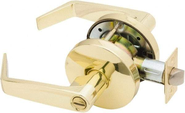 Falcon - Grade 2 Privacy Lever Lockset for 1-3/8" Thick Doors - 2-3/4" Back Set, No Cylinder, Steel, Bright Brass Finish - Exact Tool & Supply